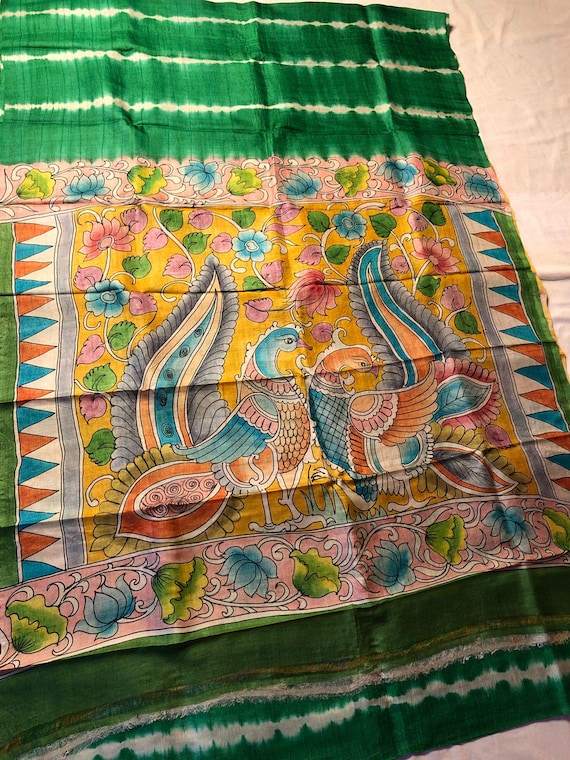 Handloom Pen Kalamkari Tussar Silk Saree, Block Print, Silk Mark Certified