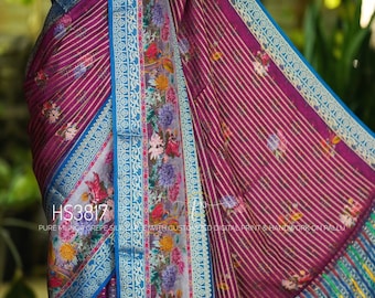 Hand Embroidered Banarasi Crepe Saree | Magenta Floral Print | Soft Indian Wedding Wear