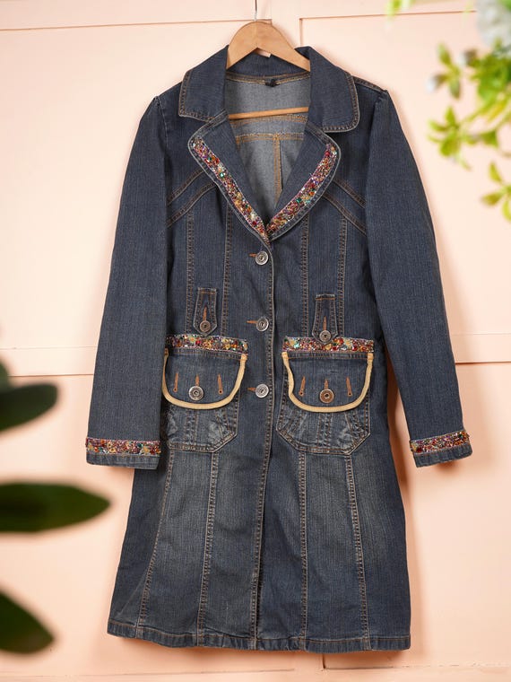 Rave Embellished Denim Jacket Maxi Dress Neutral Festival Clothing Gift Hand embroidery Jacket.