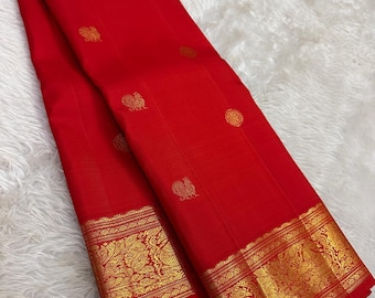 Bridal Red Kanjeevaram Silk Saree | Gold Zari Peacock Border | Traditional South Indian Wedding Sari