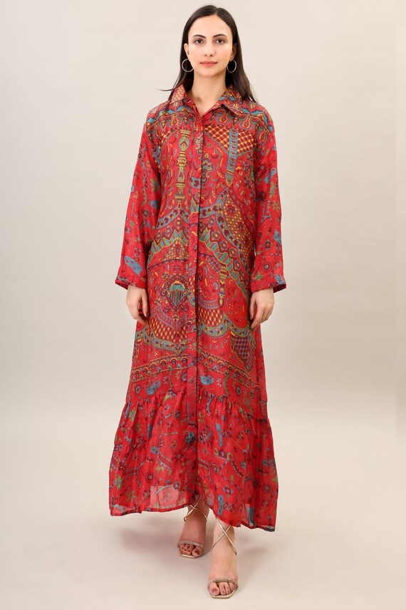 Boho Silk Maxi Dress, Psychedelic Print, Summer Beach Dress