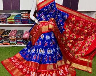 Off White Patola Silk Saree | Red Ikat Temple Border | Traditional Indian Wedding Sari