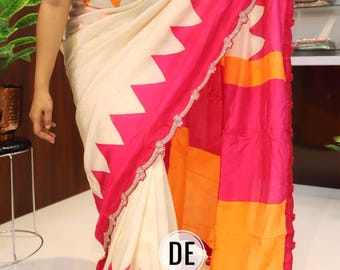 Colorblock Silk Saree | Pink & Orange Geometric Sari | Scalloped Embroidered Border | Haldi Outfit