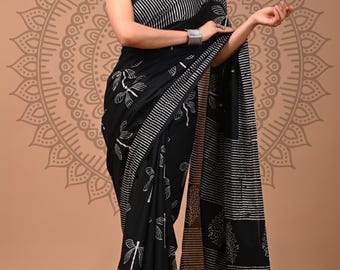 Cotton Saree | Black Floral Block Print, Boho Sari