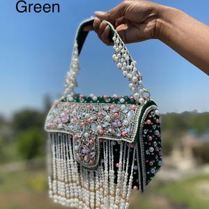 Green Velvet Pearl Fringe Handbag | Rhinestone Embellished Boho Purse | Maximalist Festival Bag