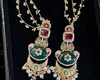 Handmade Kundan Jhumka Earrings with Hair Chain | 18k Gold Polish
