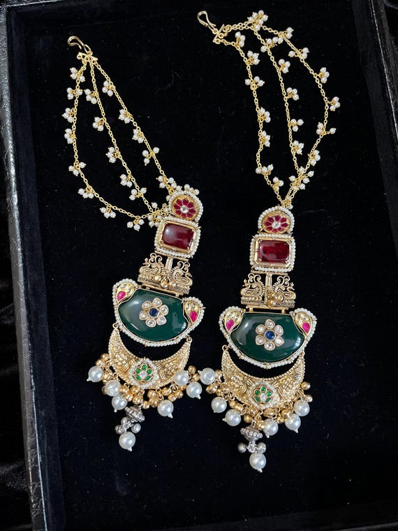Handmade Kundan Jhumka Earrings with Hair Chain | 18k Gold Polish