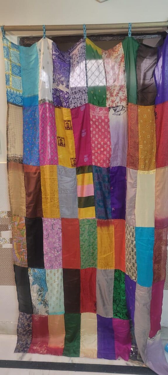 Bohemian Silk Saree Patchwork Curtain, Colorful Wall Hanging