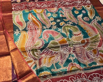 Handloom Pen Kalamkari Tussar Silk Saree, Block Print, Silk Mark Certified