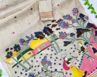 Muga Cotton Saree, Blouse Saree, Jamdani Flower Handloom Wedding gift ,tassels on pallu