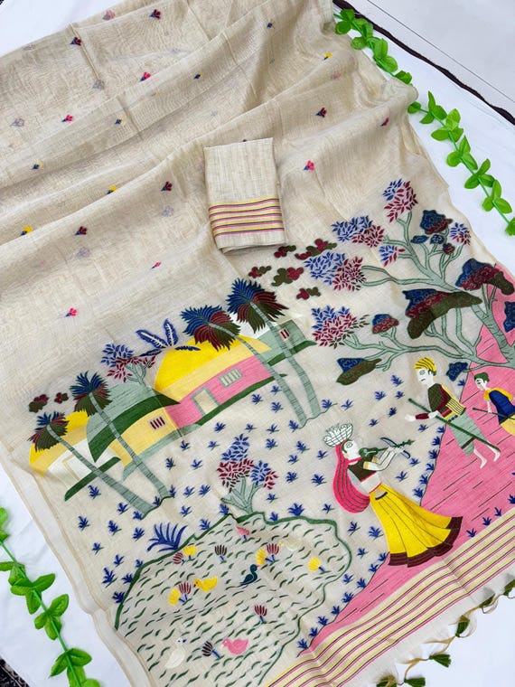 Muga Cotton Saree, Blouse Saree, Jamdani Flower Handloom Wedding gift ,tassels on pallu