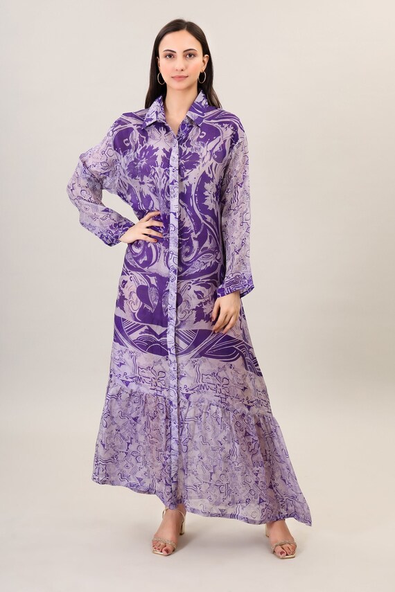 Printed Silk Maxi Dress, Bohemian Flare Gown, Psychedelic Clothing