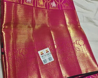 Rani Pink Kanjeevaram Silk Saree | Gold Zari Weave, Contrast Green Blouse, Bridal Sari