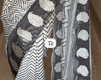 Black White Geometric Organza Saree | Silver Paisley Motifs | Modern Cocktail Sari