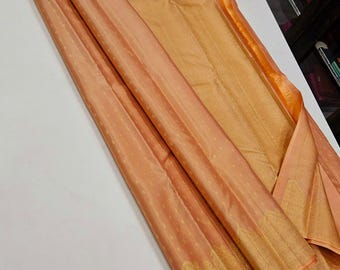 Peach Gold Silk Saree | Soft Kanjeevaram Zari Sari | Minimalist Pastel Indian Wedding Wear