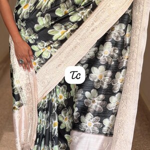 Bold Black Batik Print Saree | Tussar-Inspired Silk & Off-White Sequin Threadwork Border | Statement Contrast Drape