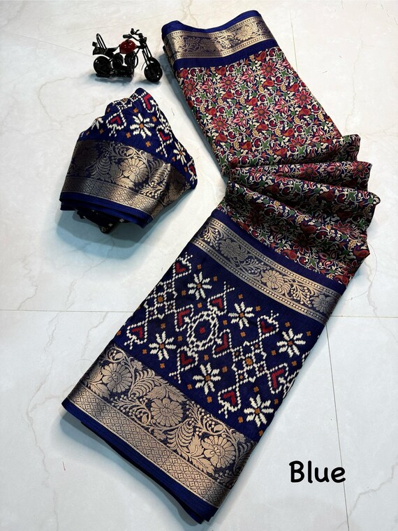 Chanderi Silk Saree, Handloom Kalamkari Floral Print, Zari Border