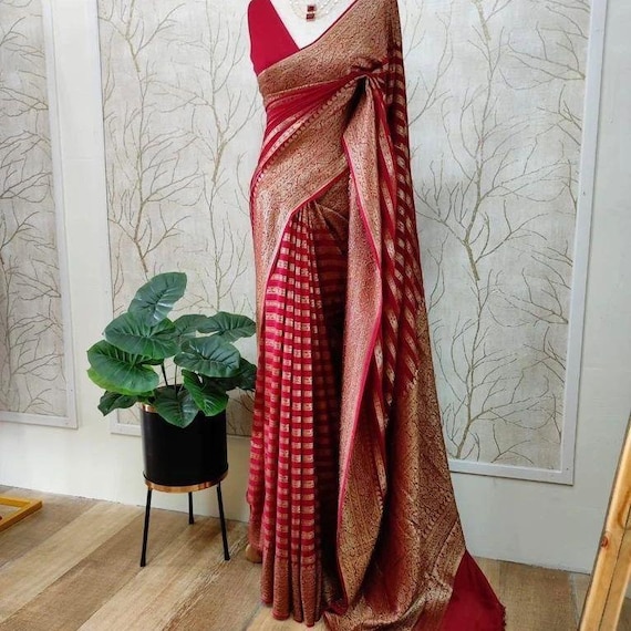 Banarasi Khaddi Georgette Saree, Handloom Zari Weaving, Silk Mark