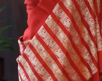 Vibrant Orange Banarasi Silk Saree | Gold Zari Elephant Weave | Haldi Wedding Sari