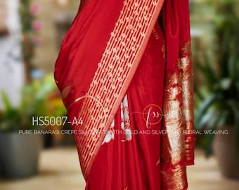 Red Banarasi Crepe Silk Saree | Gold Silver Zari Floral Weave | Indian Bridal Sari