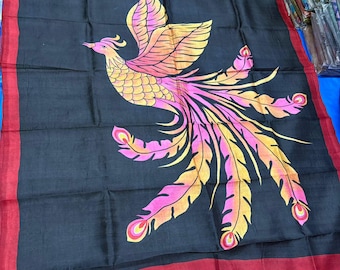 Hand-Painted Pure Tussar Silk Saree: Artisan Floral Masterpiece with Pure Zari Border