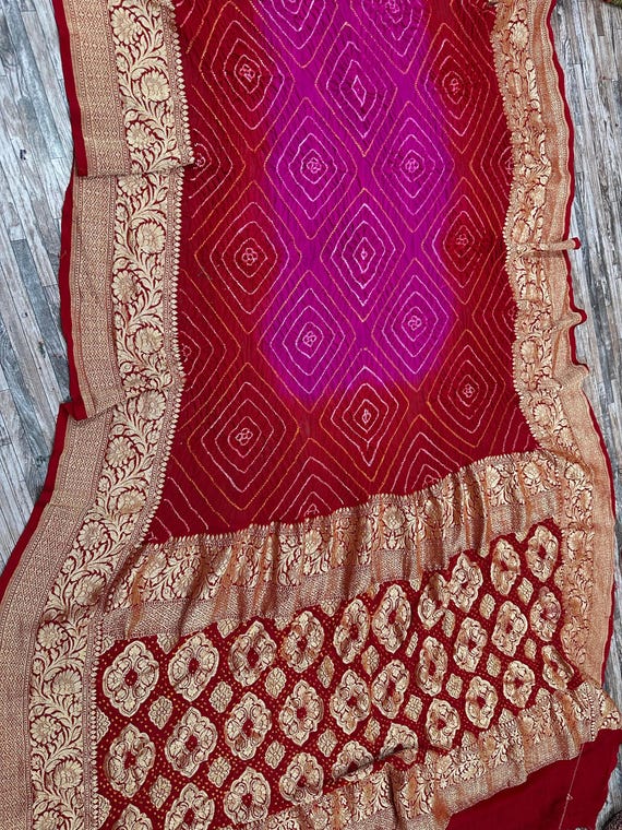 Banarasi Khaddi Bandhej Georgette Saree, Handloom Border