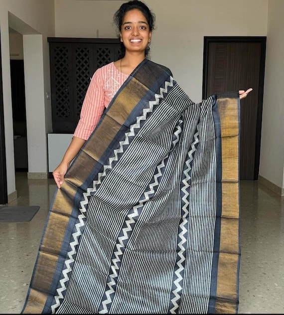 Muga Tussar Silk Saree, Abstract Kalamkari Handloom Wedding Saree