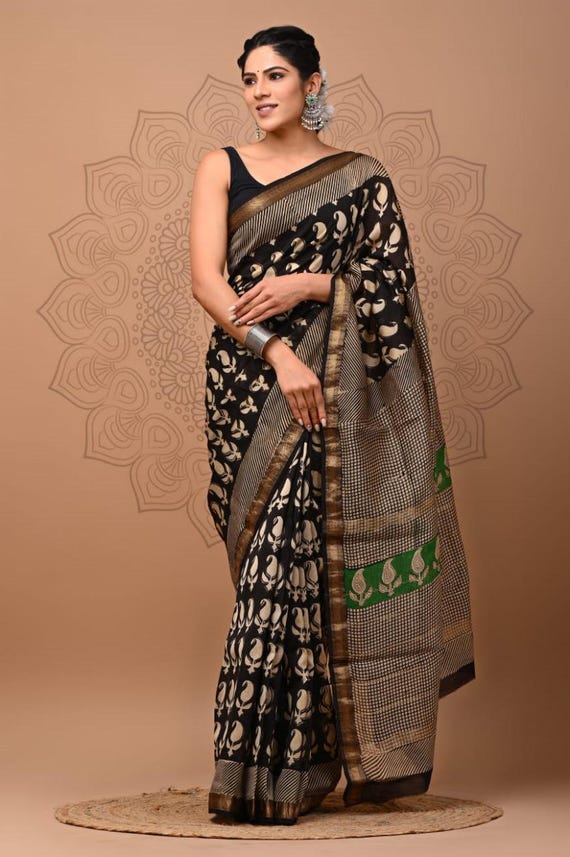 Maheshwari Cotton Silk Saree, Abstract Kalamkari Flower Handloom, Hand Block Print