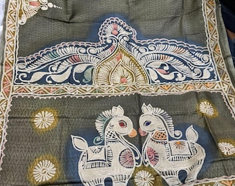 Handloom Tussar Silk Saree, Kaantha Stitch, Block Print, Silk Mark Certified