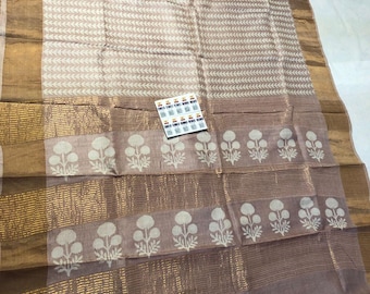 Handloom Tussar Silk Saree, Zari Border, Hand-Painted Floral Design