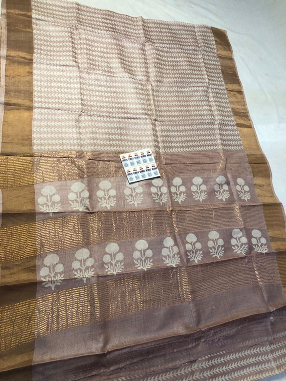 Handloom Tussar Silk Saree, Zari Border, Hand-Painted Floral Design