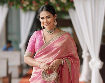 Pink Handloom Tissue Silk Saree, Beaded Embroidery, Banarasi Border, Silk Mark