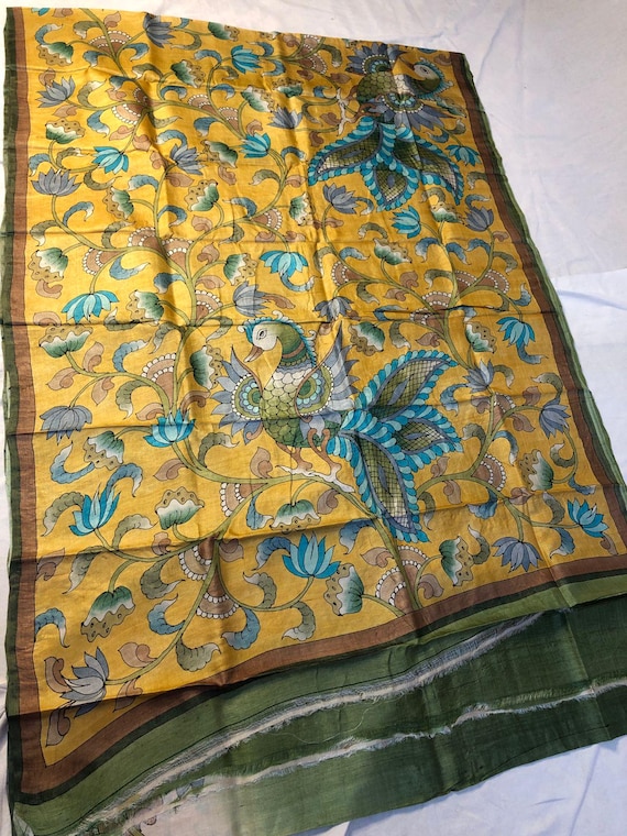 Handloom Tussar Silk Saree, Pen Kalamkari Block Print, Silk Mark Certified