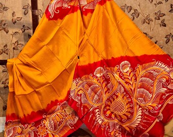Handloom Katan Silk Saree, Bishnupur Block Print, Dual Tone Wedding Sari