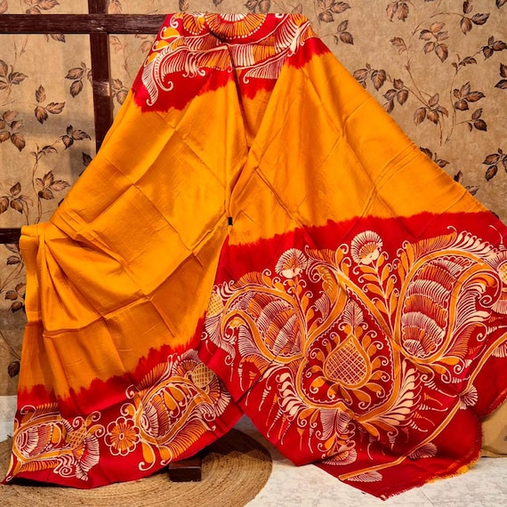 Handloom Katan Silk Saree, Bishnupur Block Print, Dual Tone Wedding Sari