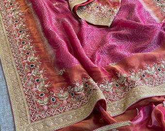 Pure Cosmo Munga Silk Saree | Heavy Zardozi Gotapatti Pearl Handwork | Bridal Wrap