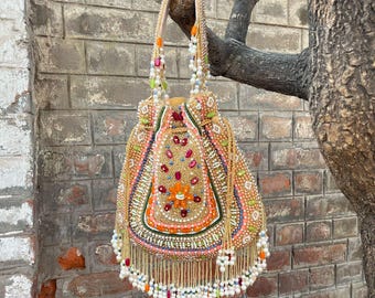 Handmade Beaded Potli Bag, Bridal Clutch with Pearl Handle