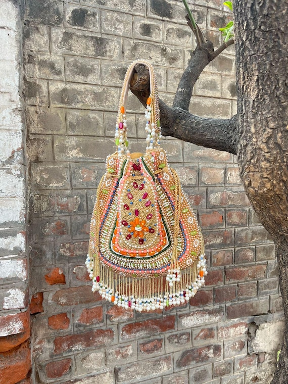 Handmade Beaded Potli Bag, Bridal Clutch with Pearl Handle
