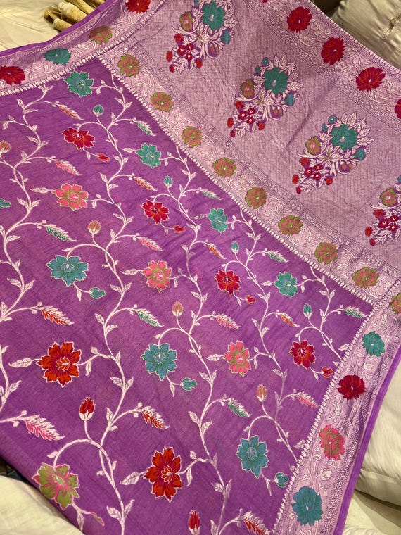 Handloom Khaddi Tussar Georgette Banarasi Saree, Floral Print