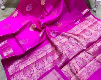 Handloom Zari Buta Silk Saree with Banarasi Paithani Border | Woven Indian Wedding Sari