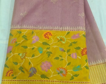 Yellow Pure Katan Tissue Silk Saree | Multi Meenakari Jangla | Haldi Indian Sari
