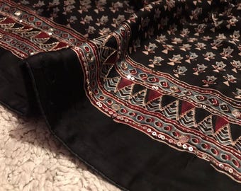 Pure Modal Silk Ajrakh Saree | Foil Mirror & Zari Aari Sequins Handwork | Designer Wrap