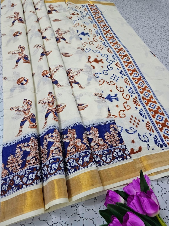 Handloom Cotton Saree, Kalamkari Flower Print, Vegetable Dye
