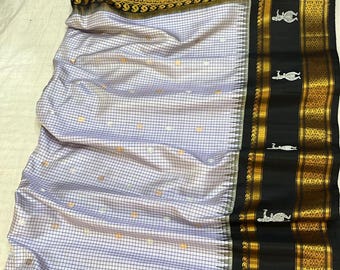 Pure Gadwal Silk Saree | Silver Grey Checkered Kattam | Black Gold Zari Temple Border