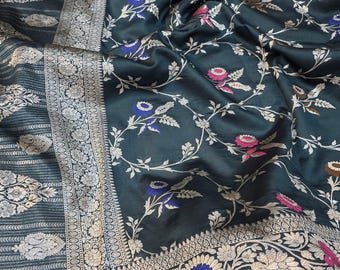 Captivating Custom Handloom Pure Mango Silk Saree, Jangla Cutwork Banarasi Sari Masterpiece