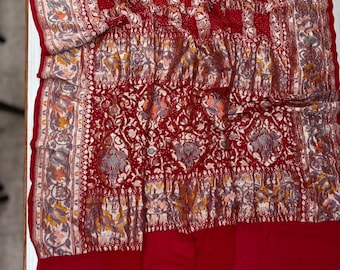 Heavy 80g Khadi Georgette Saree | Rai Bandhani Minakari Kani Kadva Weave | Red & White