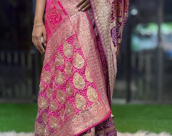 Pink & Purple Ombre Bandhani Saree | Gold Zari Gharchola Weave | Indian Wedding Sari