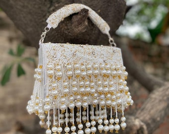 White Pearl Fringe Beaded Bridal Bag | Boho Wedding Handbag | Gold Rhinestone Clutch