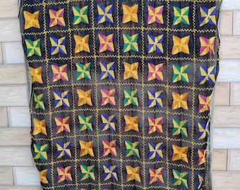 Vintage Phulkari Embroidered Scarf, Mirror Work, Hippie Boho Wrap