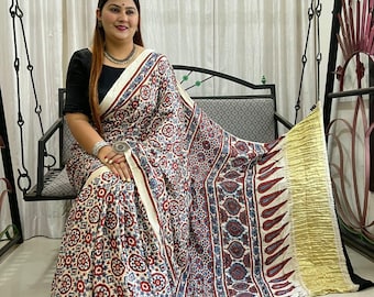 Pure Modal Tissue Silk Saree | Natural Dye Ajrakh Hand Block Print Heritage Wrap